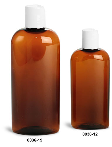 Plastic Bottles, Amber PET Cosmo Ovals w/ White Disc Top Caps