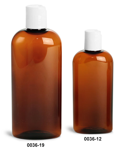 Plastic Bottles, Amber PET Cosmo Ovals w/ White Disc Top Caps
