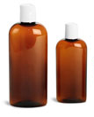 Plastic Bottles, Amber PET Cosmo Oval w/ White Disc Top Caps
