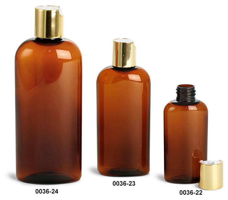 Plastic Bottles, Amber PET Cosmo Ovals with Gold Disc Top Caps
