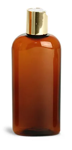 Plastic Bottles, Amber PET Cosmo Oval Bottlesw/ Gold Disc Top Caps