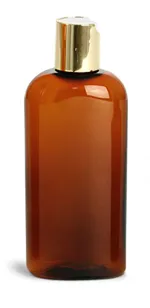 Plastic Bottles, Amber PET Cosmo Oval Bottlesw/ Gold Disc Top Caps