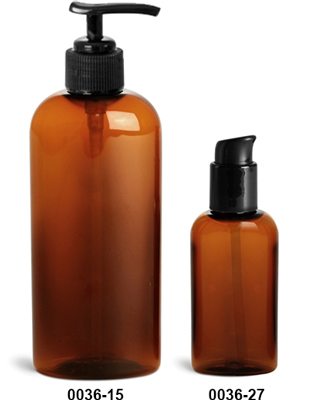 Plastic Bottles, Amber PET Cosmo Ovals w/ Black Pumps