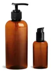 Plastic Bottles, Amber PET Cosmo Oval Bottles w/ Black Pumps