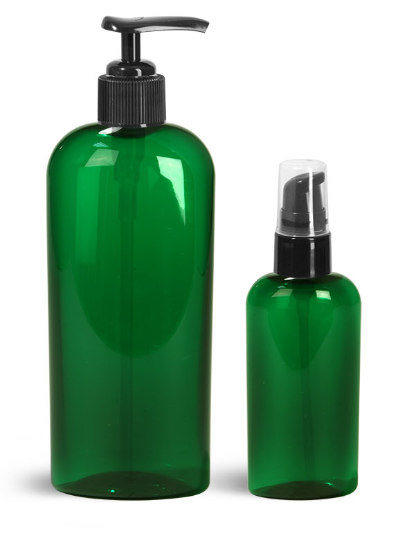 Green PET Cosmo Oval Bottles With Black Pumps