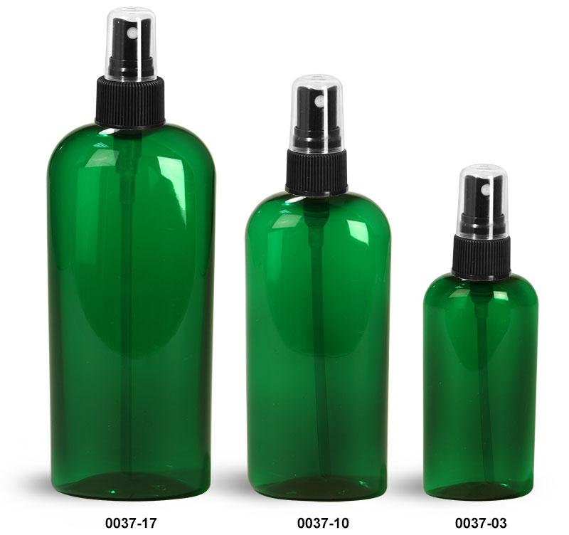 Plastic Bottles, Green PET Cosmo Oval Bottles With Black Fine Mist Sprayers