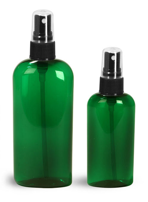 PET Plastic Bottles, Green Cosmo Oval Bottles w/ Black Fine Mist Sprayers