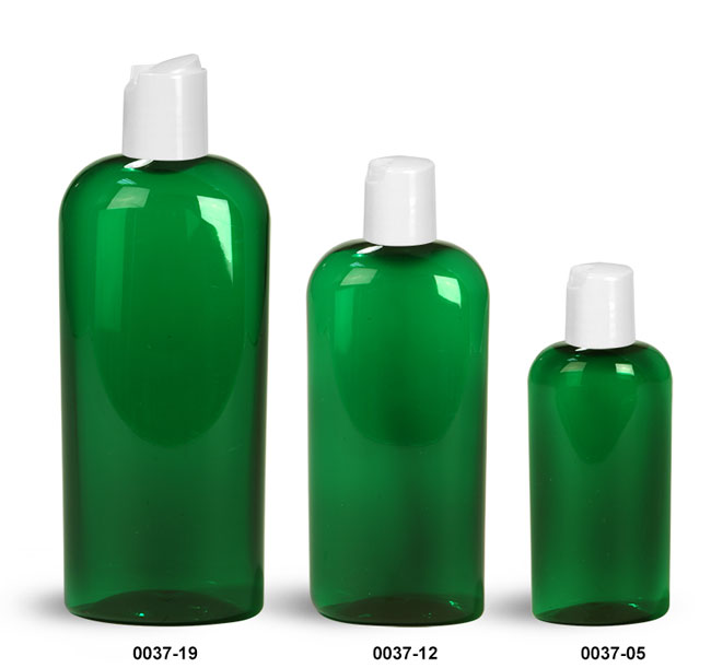Plastic Bottles, Green PET Cosmo Oval Bottles With White Disc Top Caps