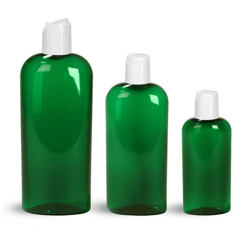 PET Plastic Bottles, Green Cosmo Oval Bottles w/ White Disc Top Caps