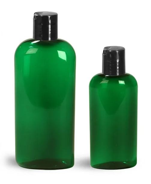 PET  Green Cosmo Oval Bottles w/ Black Disc Top Caps