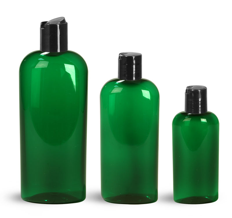 PET Plastic Bottles, Green Cosmo Oval Bottles w/ Black Disc Top Caps