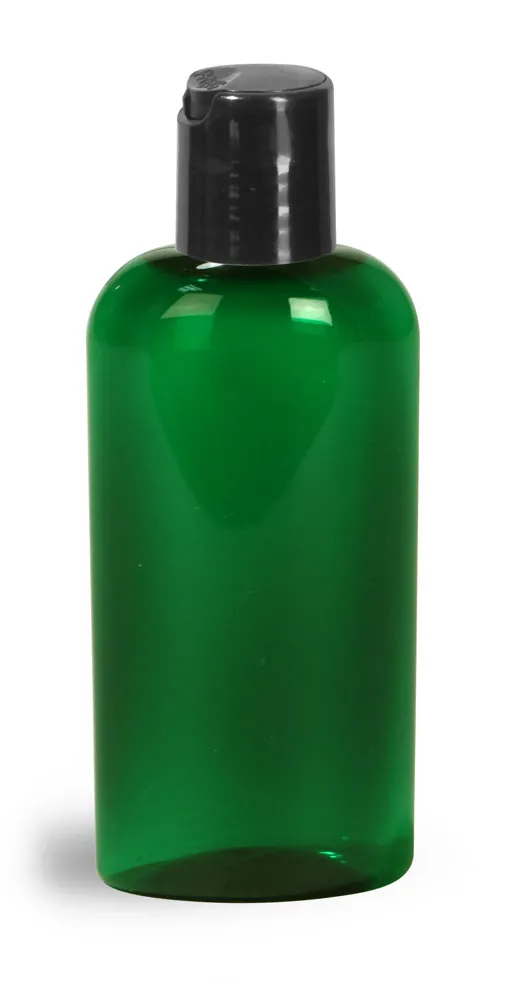 2 oz Green PET Cosmo Oval Bottles w/ Black Disc Top Caps