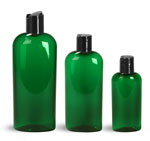 Green PET Cosmo Oval Bottles w/ Black Disc Top Caps