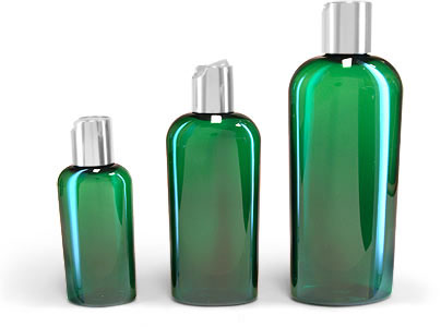Green PET Cosmo Oval Bottles w/ Silver Disc Top Caps