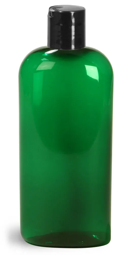 4 oz Green PET Cosmo Oval Bottles w/ Black Disc Top Caps