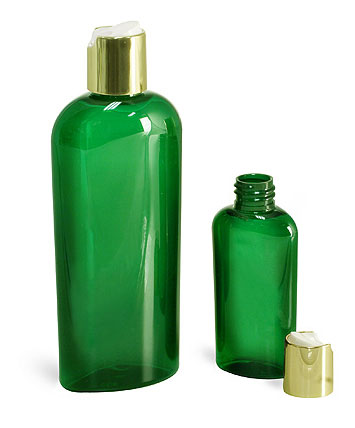 Green PET Cosmo Oval Bottles w/ Gold Disc Top Caps