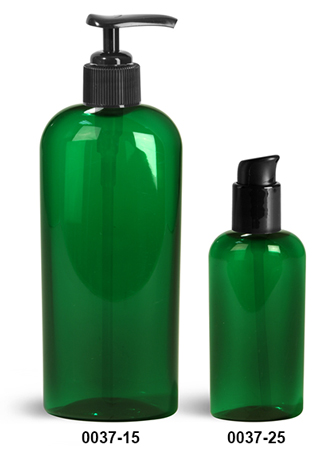 Plastic Bottles, Green PET Cosmo Oval Bottles With Black Pumps