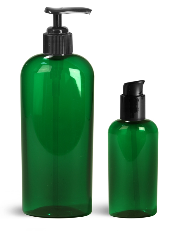 PET Plastic Bottles, Green Cosmo Oval Bottles w/ Black Pumps