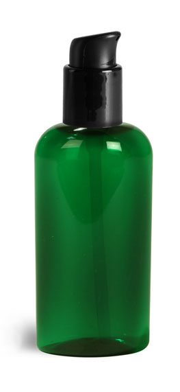 PET Plastic Bottles, Green Cosmo Oval Bottles w/ Black Pumps