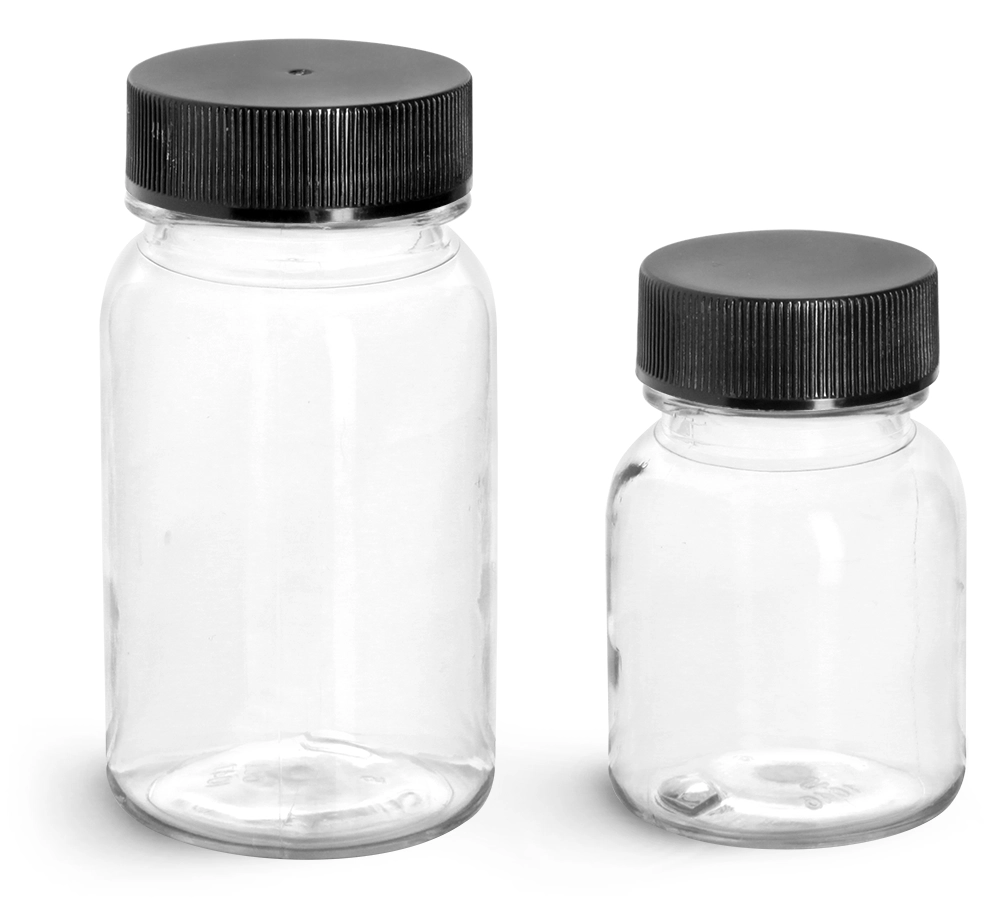 PET  Clear Wide Mouth Round Bottles w/ Black PE Lined Caps