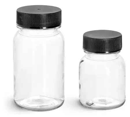 PET Clear Wide Mouth Round Bottles w/ Black PE Lined Caps
