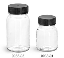 Plastic Bottles, Clear PET Wide Mouth Round Bottles With Black PE Lined Caps