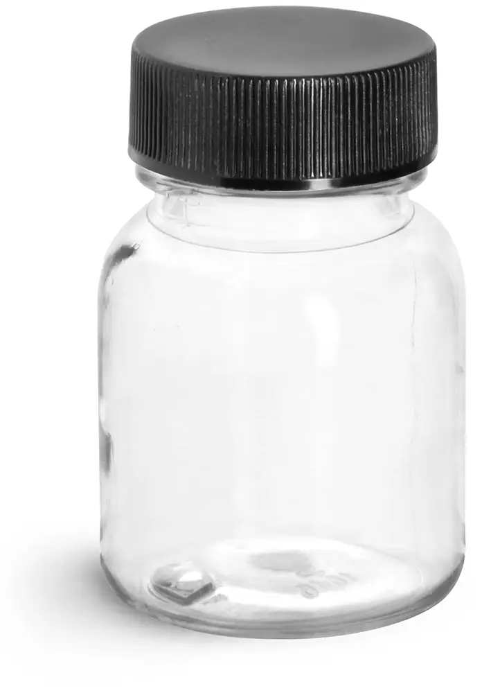 30 cc Clear PET Wide Mouth Round Bottles w/ Black PE Lined Caps