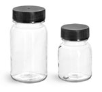 PET Plastic Bottles, Clear Wide Mouth Round Bottles w/ Black PE Lined Caps