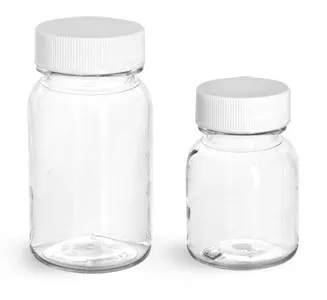 PET Plastic Bottles, Clear Wide Mouth Round Bottles w/ White PE Lined Caps