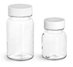 PET Plastic Bottles, Clear Wide Mouth Round Bottles w/ White PE Lined Caps