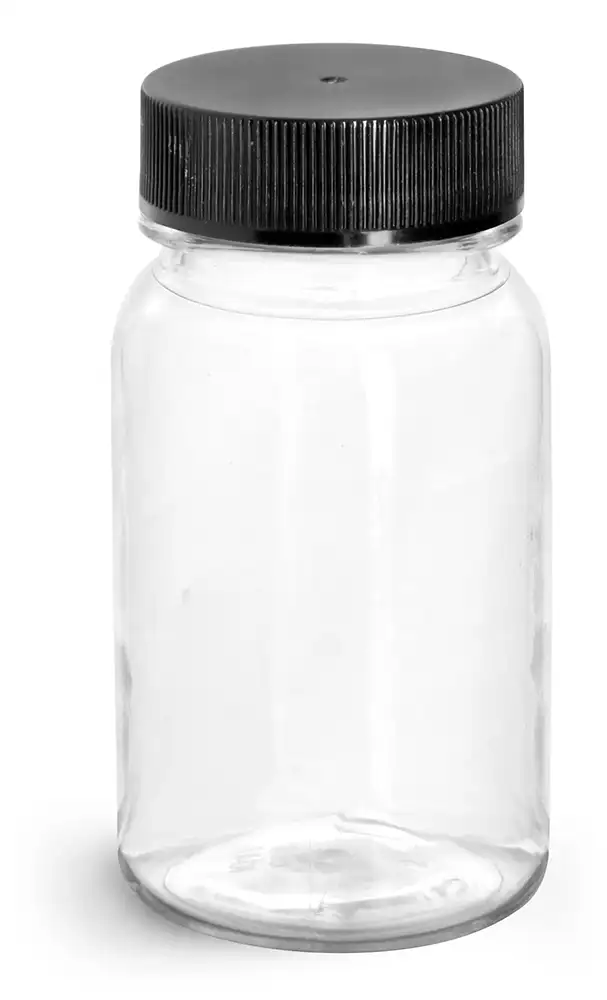 60 cc Clear PET Wide Mouth Round Bottles w/ Black PE Lined Caps