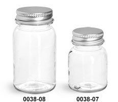 Plastic Bottles, Clear PET Wide Mouth Bottles With Silver Aluminum Lined Caps