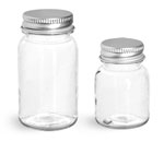 PET Plastic Bottles, Clear Wide Mouth Round Bottles w/ Silver Aluminum Lined Caps
