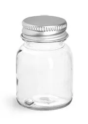 30 cc  Clear Wide Mouth Round Bottles w/ Silver Aluminum Lined Caps