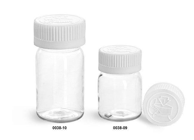 Plastic Bottles, Clear PET Wide Mouth Bottles w/ White Child Resistant Lined Caps