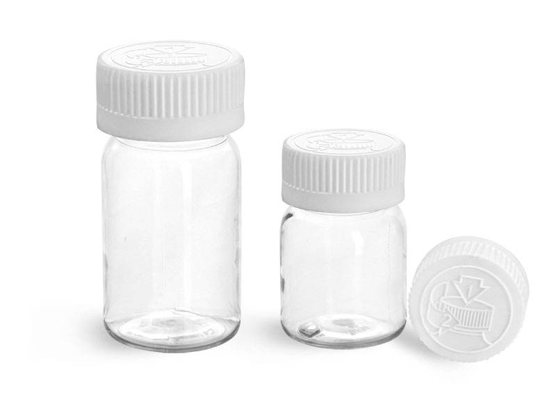 PET Plastic Bottles, Clear Wide Mouth Round Bottles w/ White Child Resistant Lined Caps