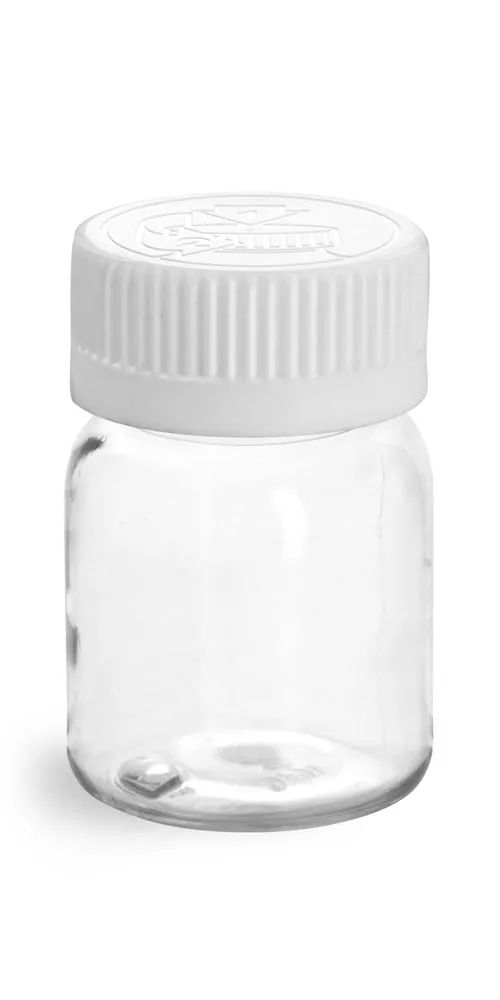 30 cc Plastic Bottles, Clear PET Wide Mouth Rounds w/ White Child Resistant Lined Caps