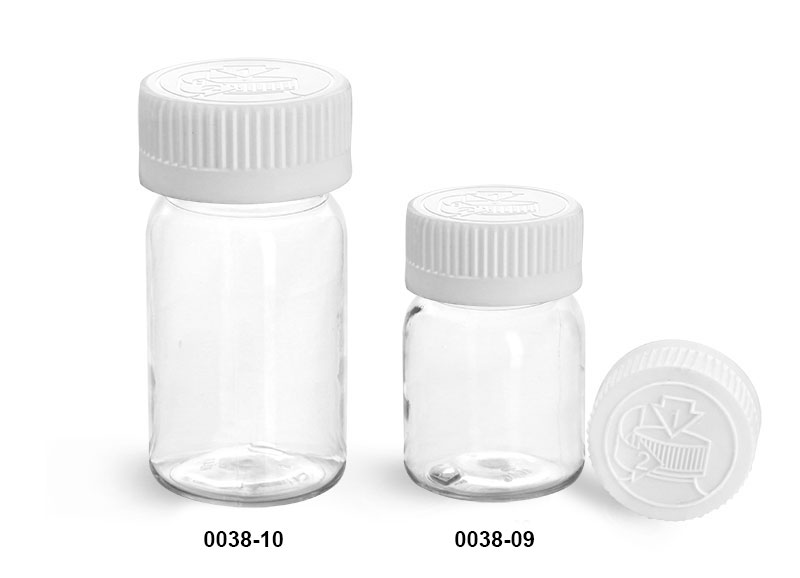 Plastic Bottles, Clear PET Wide Mouth Bottles w/ White Child Resistant Lined Caps