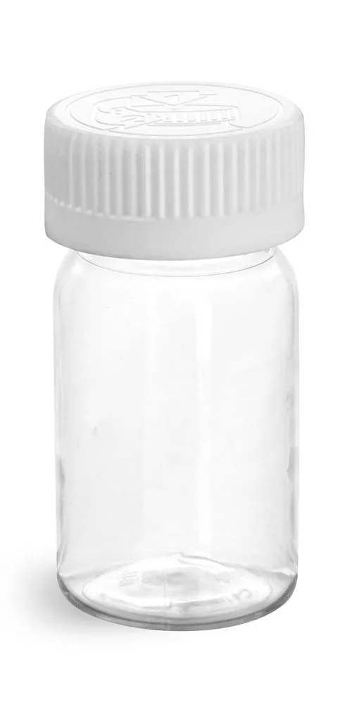 60 cc Plastic Bottles, Clear PET Wide Mouth Rounds w/ White Child Resistant Lined Caps