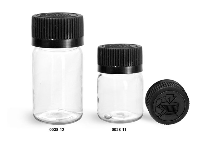 Plastic Bottles, Clear PET Wide Mouth Bottles w/ Black Child Resistant Caps