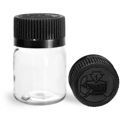 PET  Clear Wide Mouth Round Bottles w/ Black Child Resistant Caps