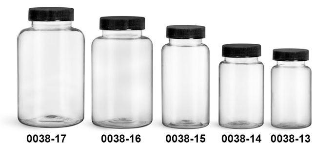 Plastic Bottles, Clear PET Wide Mouth Packer Bottles w/ Black Ribbed PE Lined Caps
