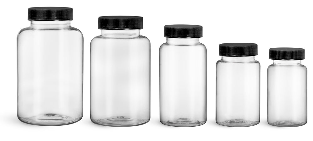 PET Plastic Bottles, Clear Wide Mouth Packer Bottles w/ Black Ribbed PE Lined Caps
