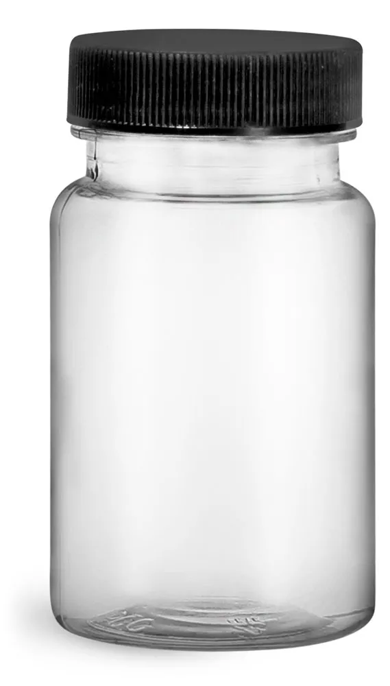75 cc Plastic Bottles, Clear PET Wide Mouth Packer Bottles w/ Black Ribbed PE Lined Caps