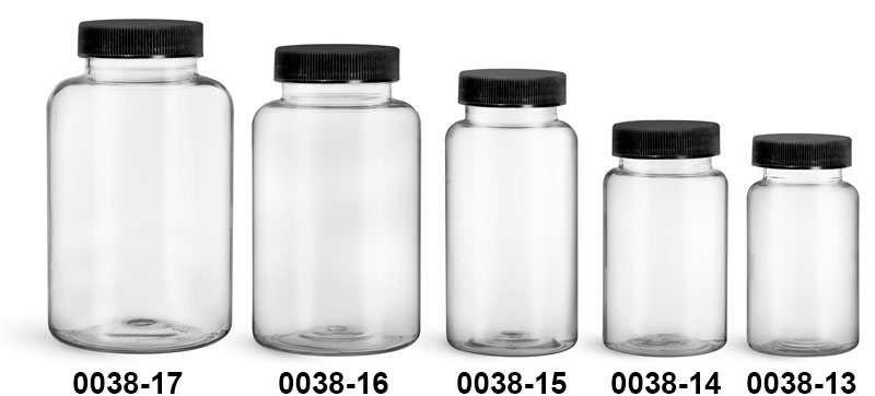 Plastic Bottles, Clear PET Wide Mouth Packer Bottles w/ Black Ribbed PE Lined Caps