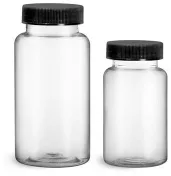  PET Clear Wide Mouth Packer Bottles w/ Black Ribbed PE Lined Caps 
