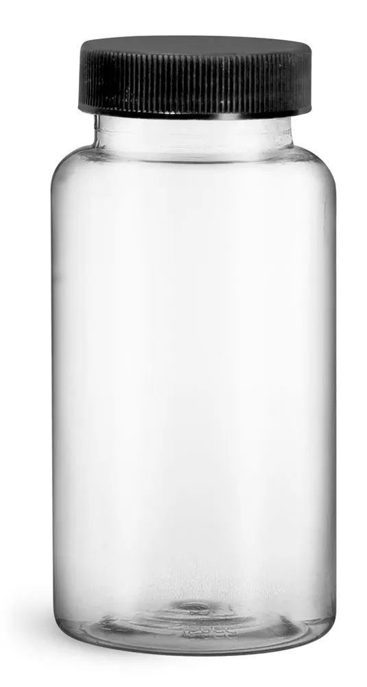 150 cc Plastic Bottles, Clear PET Wide Mouth Packer Bottles w/ Black Ribbed PE Lined Caps