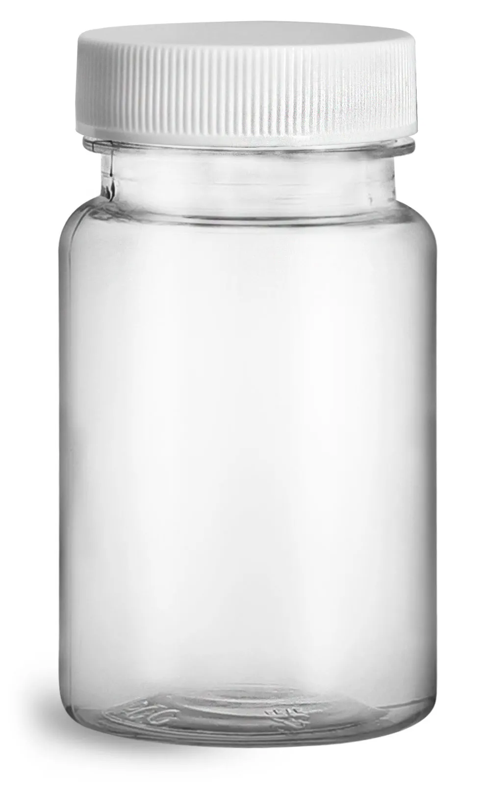 75 cc Plastic Bottles, Clear PET Wide Mouth Packer Bottles w/ White Ribbed PE Lined Caps