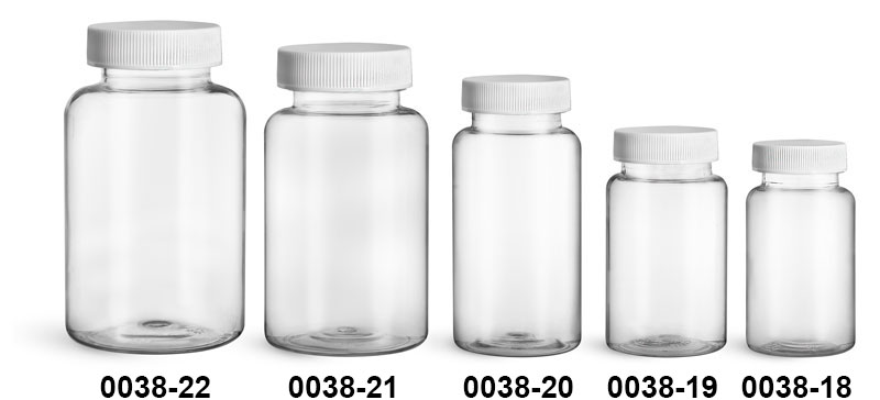 Plastic Bottles, Clear PET Wide Mouth Packer Bottles w/ White Ribbed PE Lined Caps