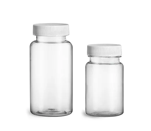 PET Plastic Bottles, Clear Wide Mouth Packer Bottles w/ White Ribbed PE Lined Caps